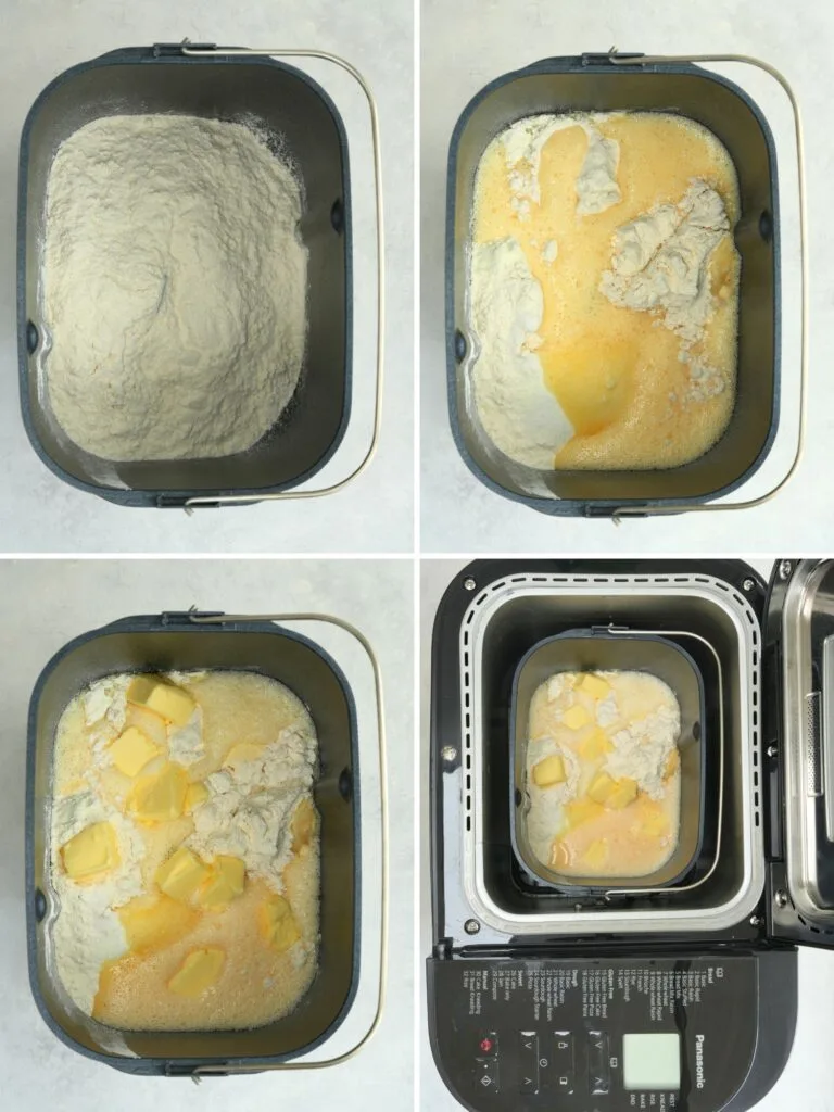 image with a grid of 4 photos showing the steps to making brioche bread in a bread maker