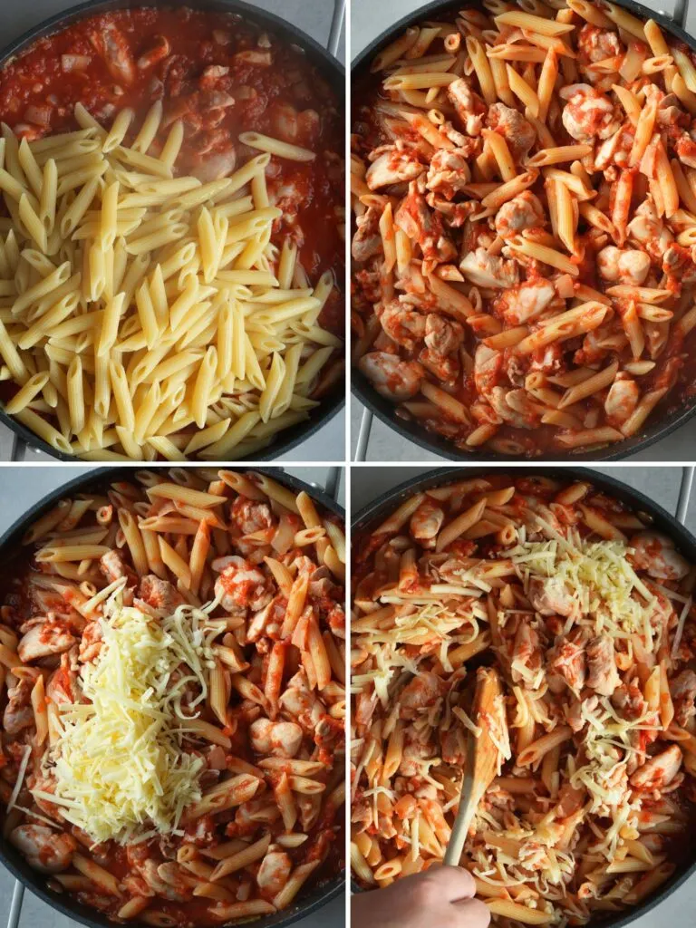 grid of 4 images showing the steps to making cheesy chicken pasta bake: adding cooked pasta to chopped tomatoes and chicken, stirring everything together, adding grated cheese, stirring the cheese into the pasta