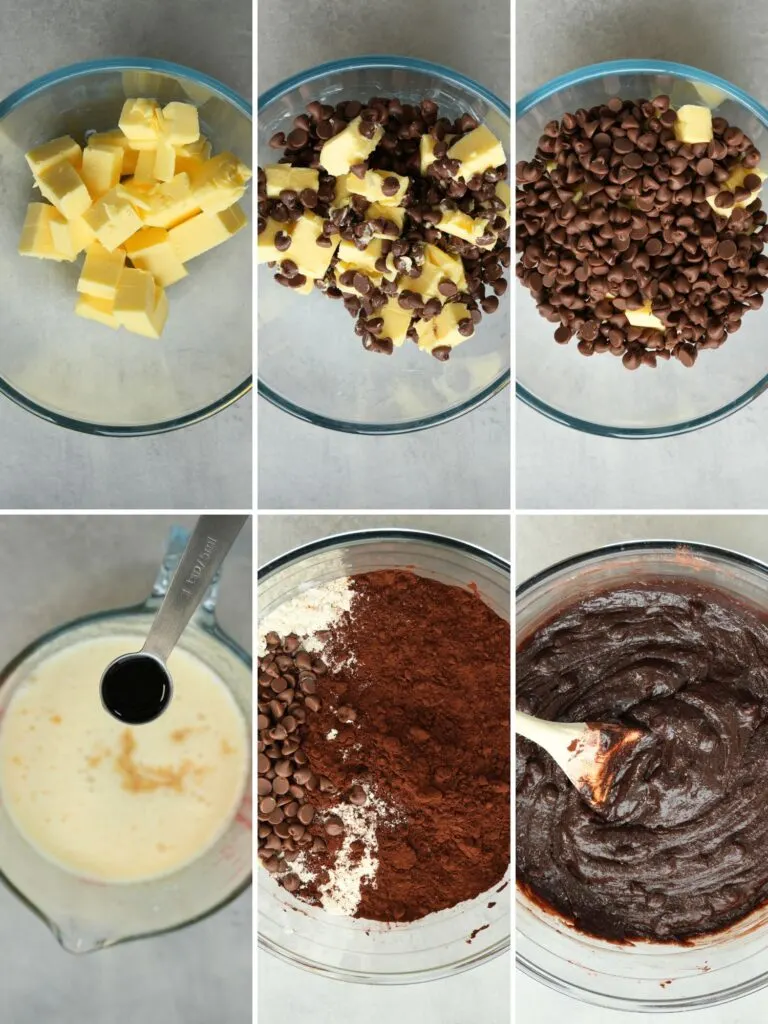 grid with 6 images showing the steps to prepare the batter for chocolate brownies: a bowl with butter, chocolate chips, vanilla essence, cocoa powder with wooden spoon stirring it all together