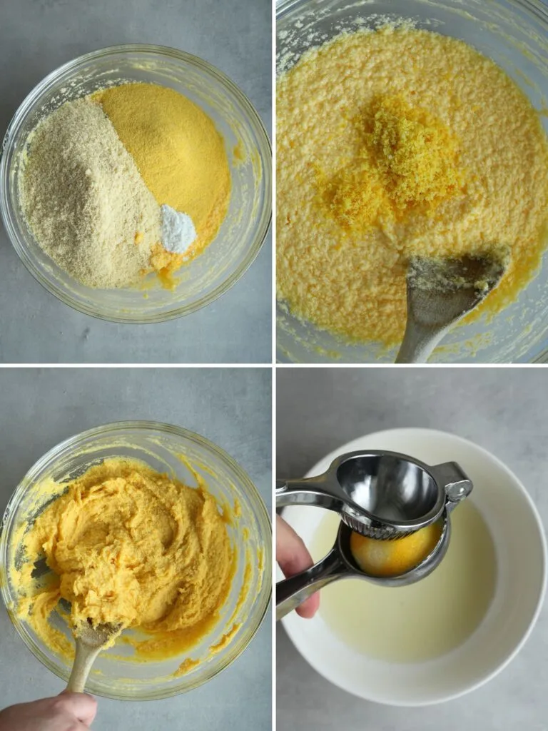 grid of 4 images showing the steps to making lemon polenta. Polenta and ground almonds and baking powder, lemon zest, all mixed together, squeeze lemon juice to make the syrup