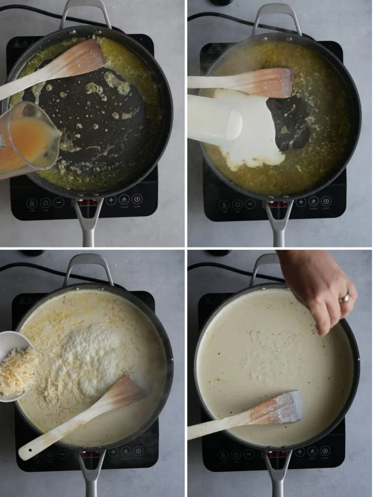 grid of 4 images showing the making of a creamy garlic sauce. Adding stock, cream, cheese and pepper