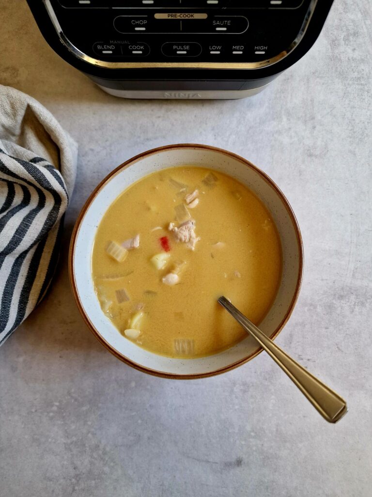 massaman inspired soup in a bowl next to a Ninja soup maker