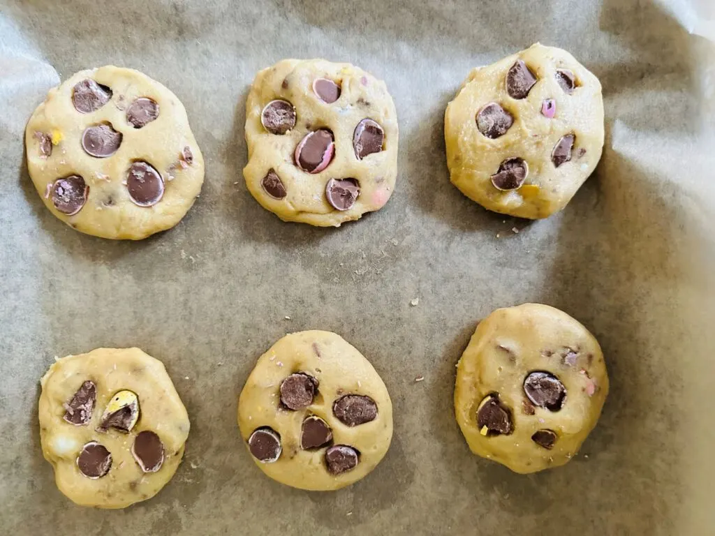 mini eggs cookies in baking tin