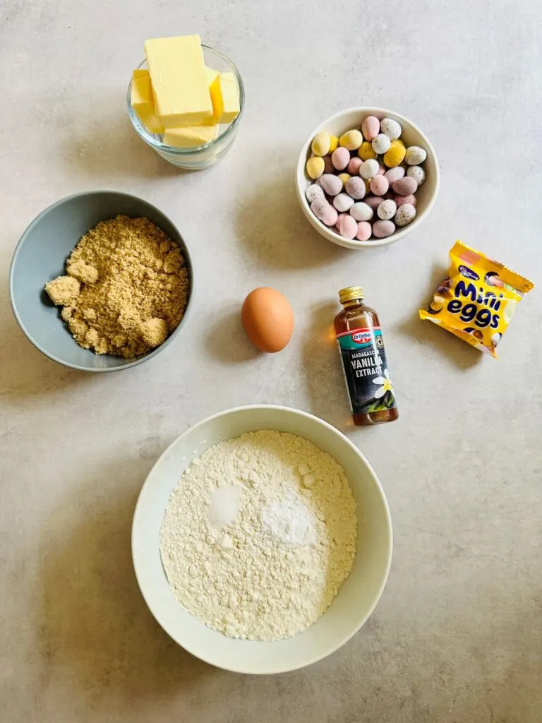 ingredients laid out for mini eggs cookies