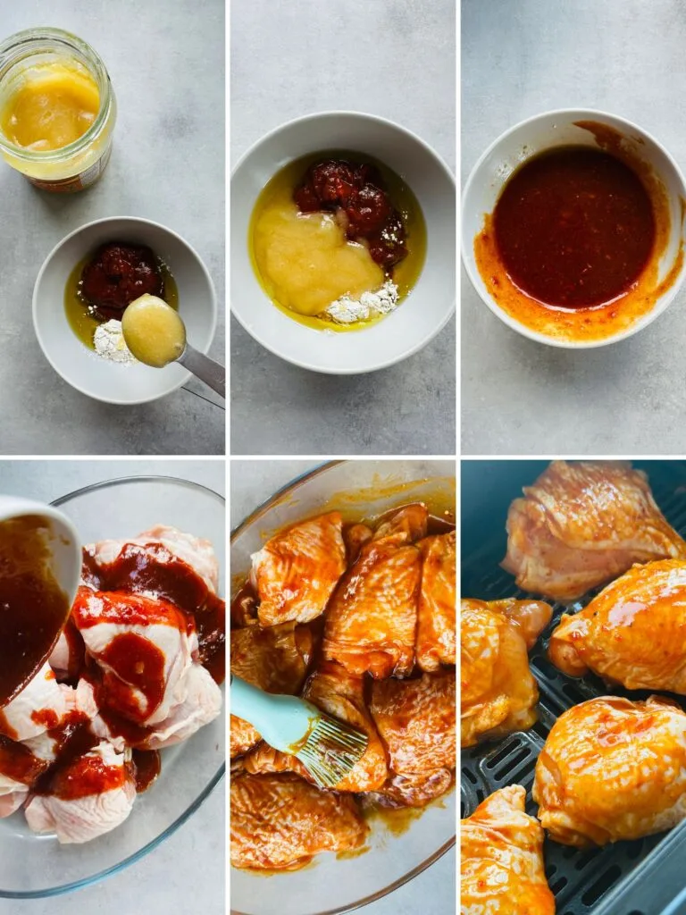grid of 6 images showing the steps to preparing the marinade for harissa and honey chicken thighs starting with mixing the marinade ingredients in a bowl and then pouring and brushing it over the raw chicken thighs. The final picture shows the coated chicken thighs in the air fryer basket waiting to be cooked