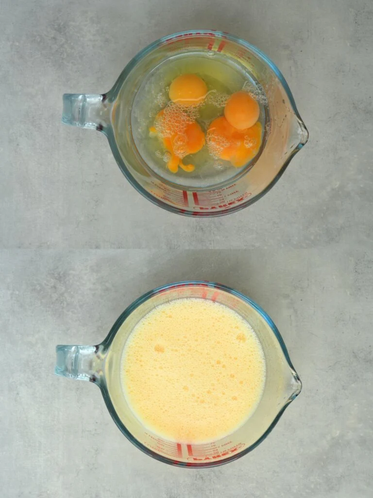 4 eggs in pyrex jug and then underneath a picture of them all mixed together