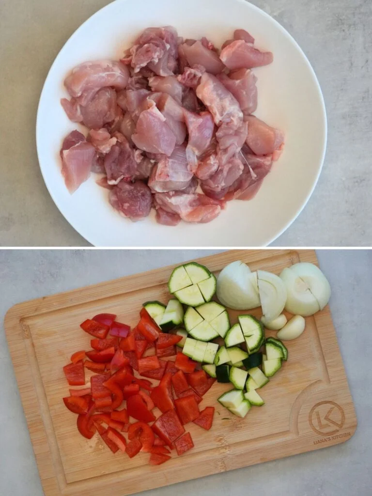 grid of two images with diced raw chicken thighs in the top one and chopped peppers, courgette, onion and garlic in the bottom