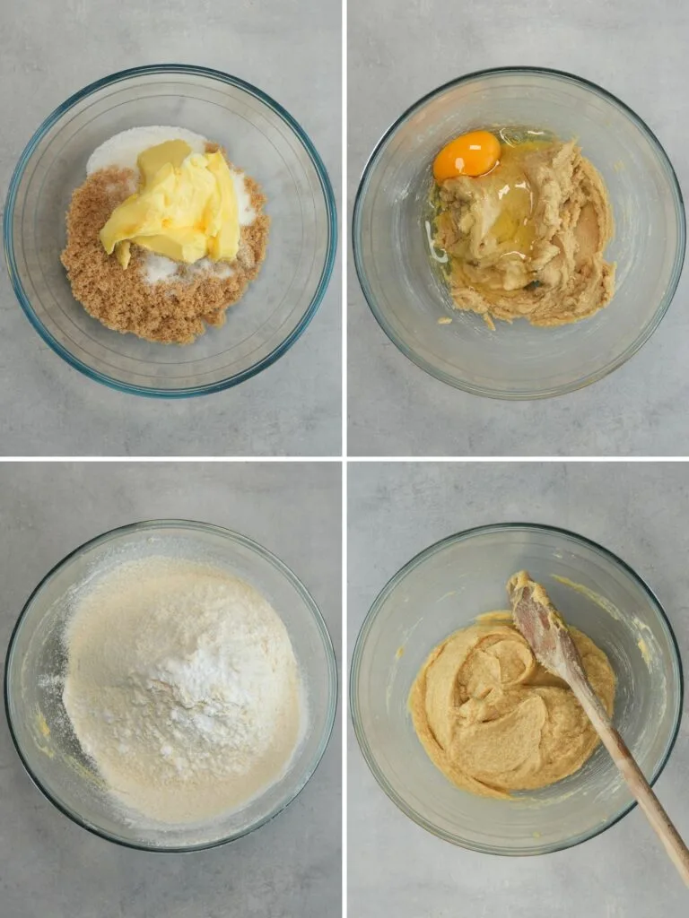 steps to making raspberry and white chocolate cookies shown with a grid of four images which show a mixing bowl with sugar, butter, eggs, flour, baking powder and a wooden spoon