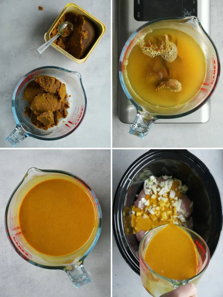 grid of 4 images showing how to prepare the Chinese curry sauce. paste in jug, adding boiling water, stirring it together, pouring it over chicken and onions in the slow cooker