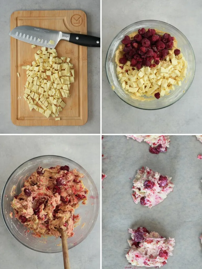 image with grid of 4 images showing chopped up white chocolate on a wooden chopping board with a knife next to it, a bowl of raspberries and white chocolate, everything mixed together and then the final picture is dollops of the dough on a lined baking sheet ready to go in the oven