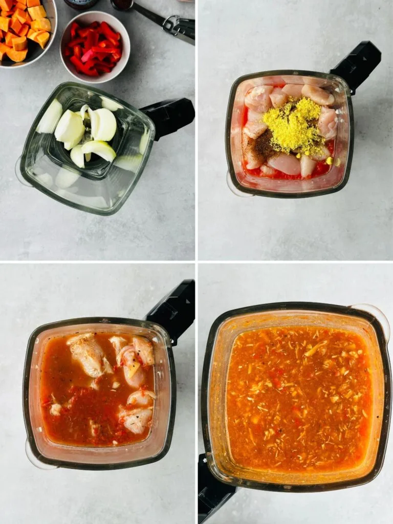 grid of four images showing raw chicken being added to ninja soup maker