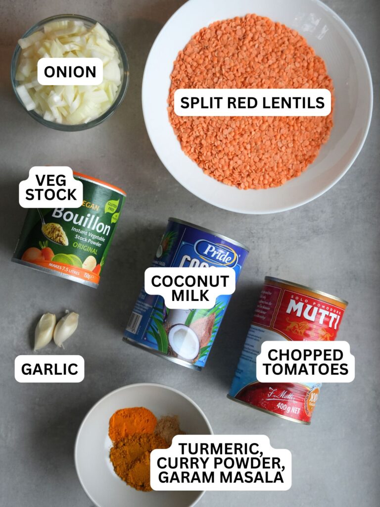 ingredients laid out and labelled for red lentil curry: onion, split red lentils, veg stock, coconut milk, chopped tomatoes, garlic, spices