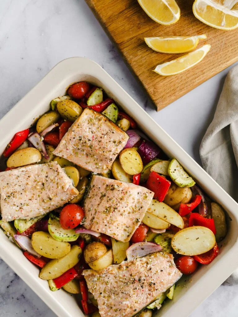 salmon and vegetables in tray