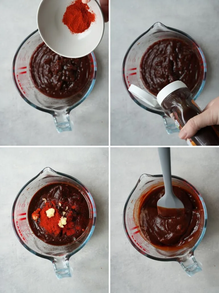 grid of 4 images showing the process to making bbq sauce for pork ribs in a pyrex jug