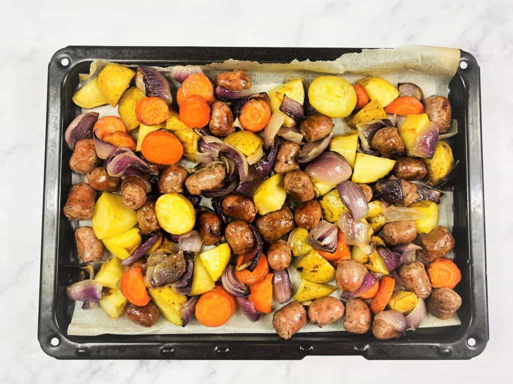 sausage tray bake with root vegetables
