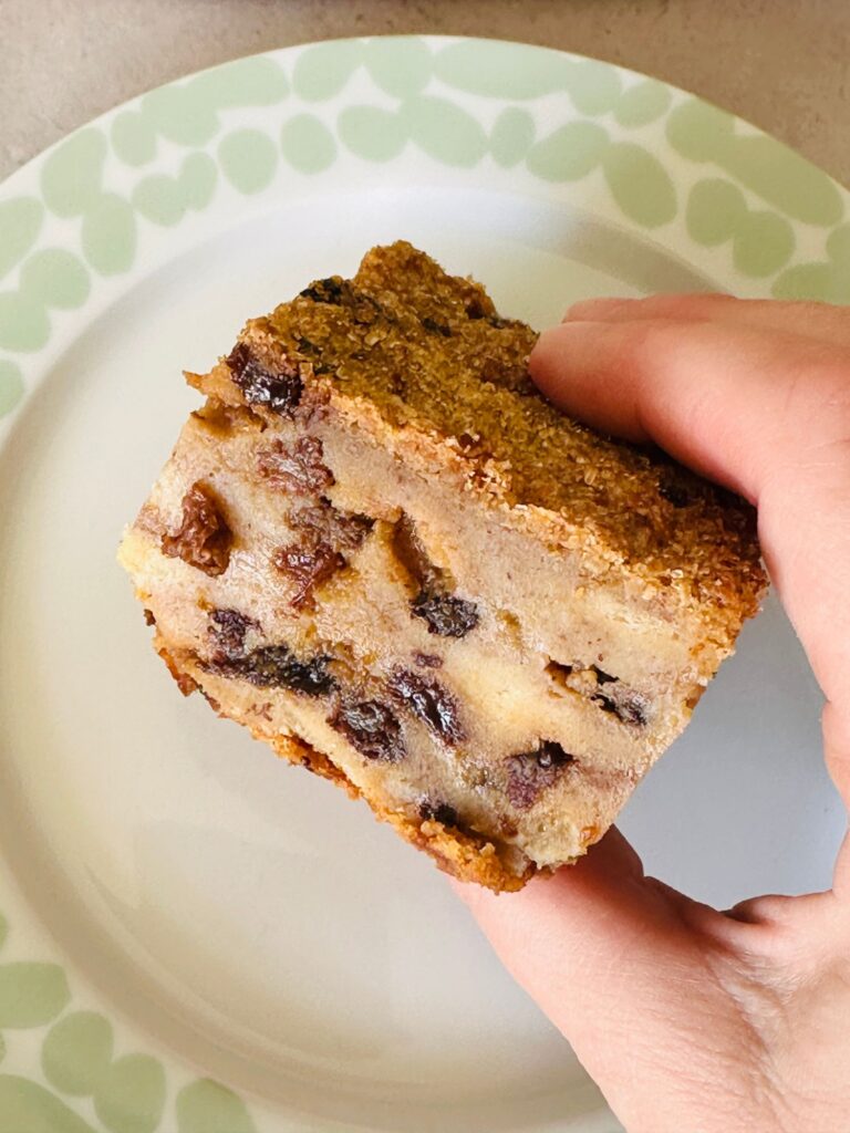 slice of bread pudding up close