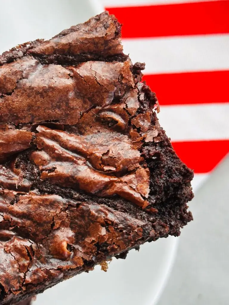 slice of brownie over a red and white striped cloth