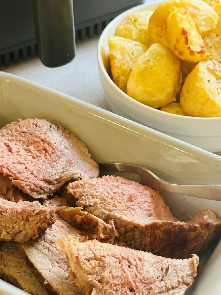 sliced air fryer roast beef and roast potatoes