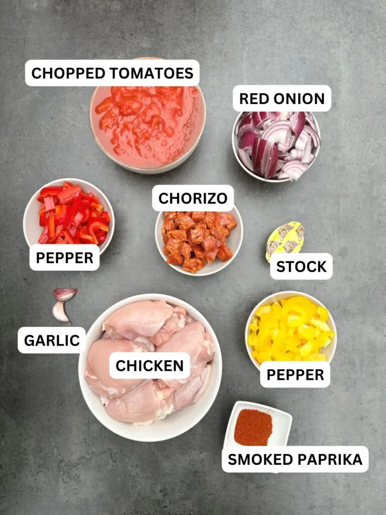 ingredients laid out and labelled for slow cooker chicken and chorizo: chopped tomatoes, red onion, pepper, chorizo, stock, garlic, chicken, pepper and smoked paprika