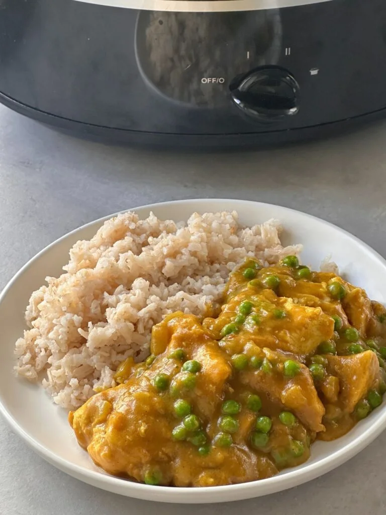 Chinese chicken curry with rice in front of slow cooker 