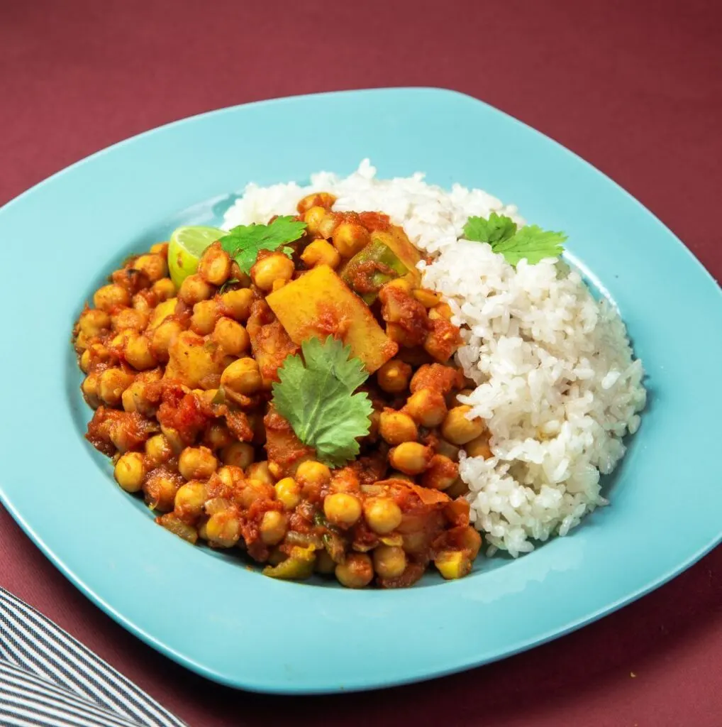 Slow Cooker Chickpea Curry with rice on a plate