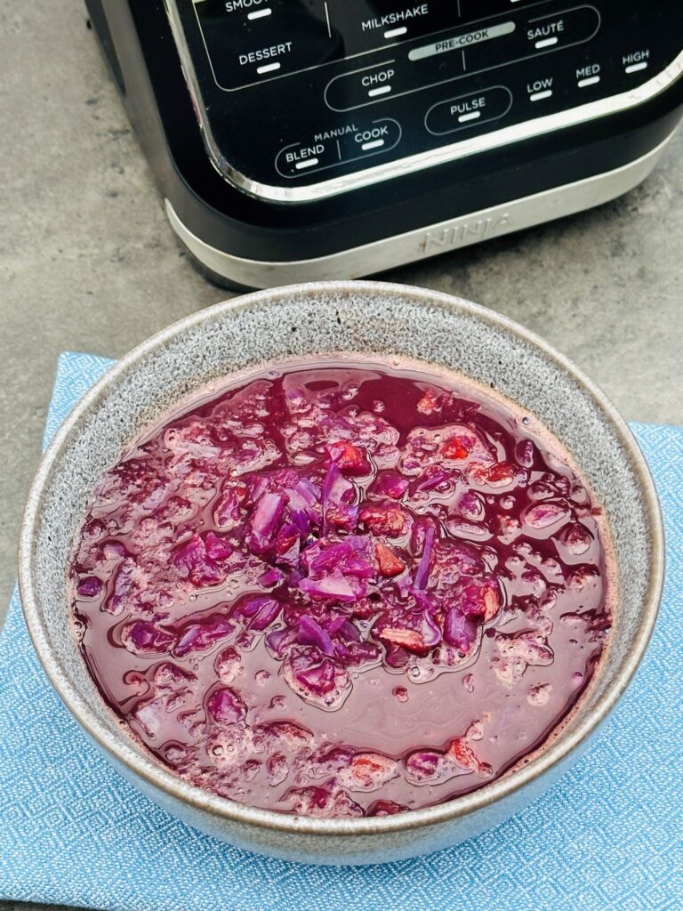 red cabbage soup in bowl next to Ninja soup maker 