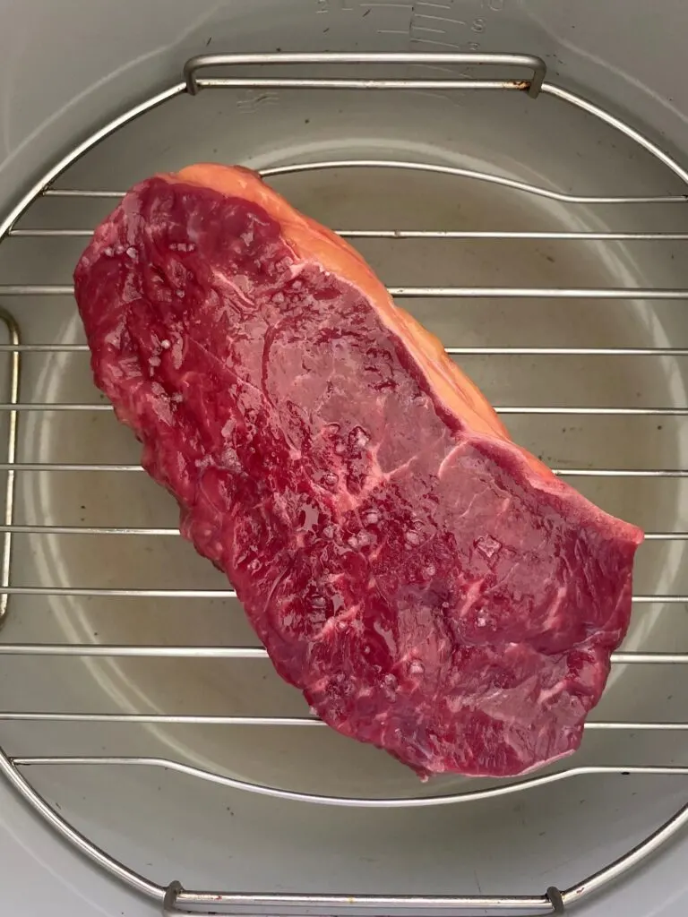 steak on trivet in Ninja Foodi air fryer 