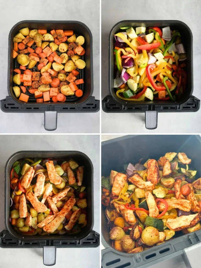 grid of four images showing the different stages of cooking halloumi and vegetables in an air fryer. Images show these ingredients being gradually added to the air fryer: potatoes, carrots, butternut squash, herbs, peppers, onions, halloumi and the final image shows it all cooked in an air fryer basket