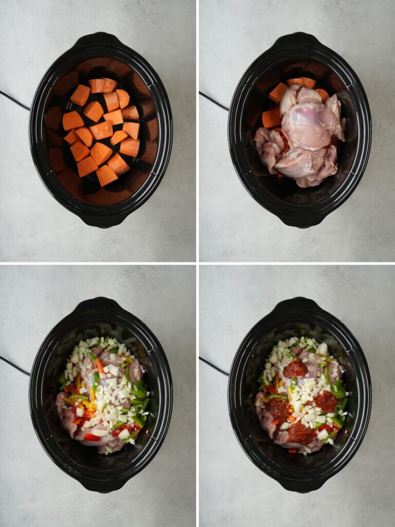making chicken and sweet potato in a slow cooker steps in a grid of 4 images