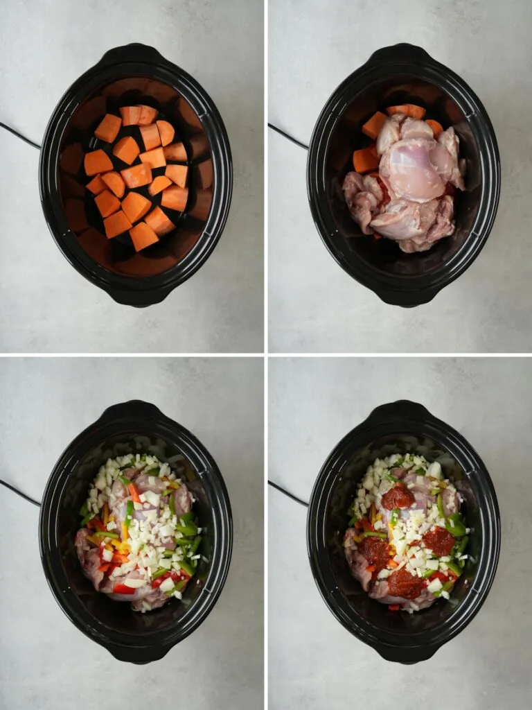making chicken and sweet potato in a slow cooker steps in a grid of 4 images