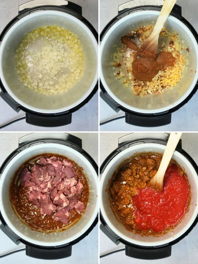 grid of 4 images showing how to cook a lamb curry in a pressure cooker (Ninja Foodi 15 in 1). Photo 1 shows chopped onions cooking in oil in the pot, photo 2 shows paste stirred in, photo 3 shows raw lamb added, photo 4 shows chopped tomatoes added