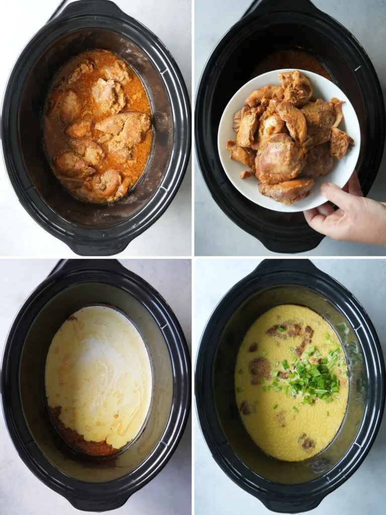 grid of 4 photos showing the chicken cooked. The chicken is removed and then cream and more spring onions are stirred in.