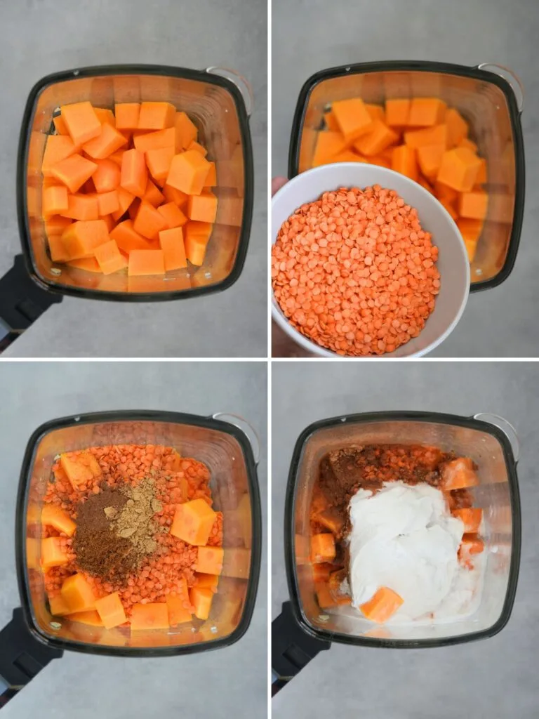 image with grid of 4 photos showing the steps to making butternut squash and split red lentil soup
