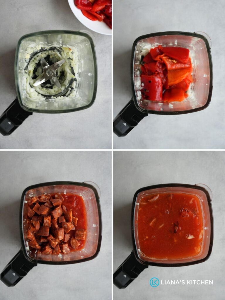 image with grid of 4 photos with soup maker jug with lid off, raw chopped onions, red pepper, tomatoes, chorizo and stock