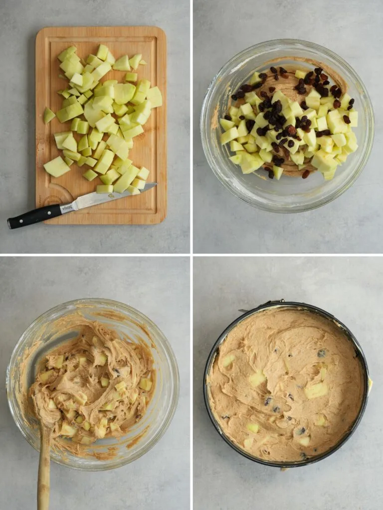 steps to adding chopped apples and sultanas to batter for cake and then put in a tin