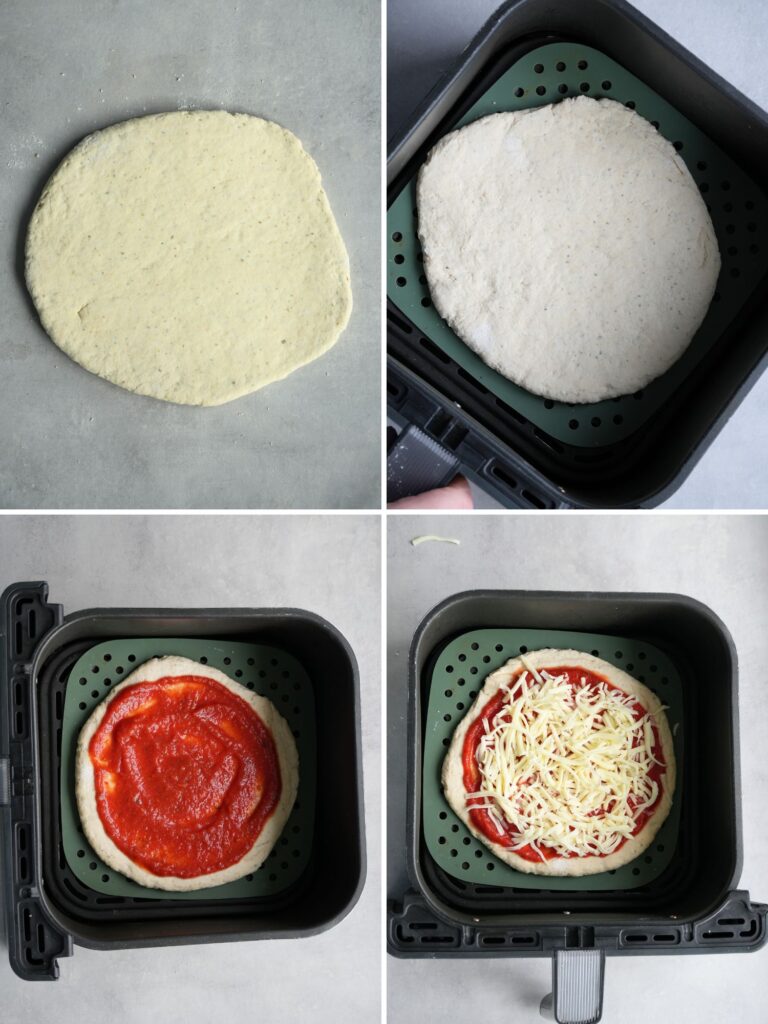 image with grid of 4 pictures showing the steps to cooking a 2 ingredient pizza dough in the air fryer