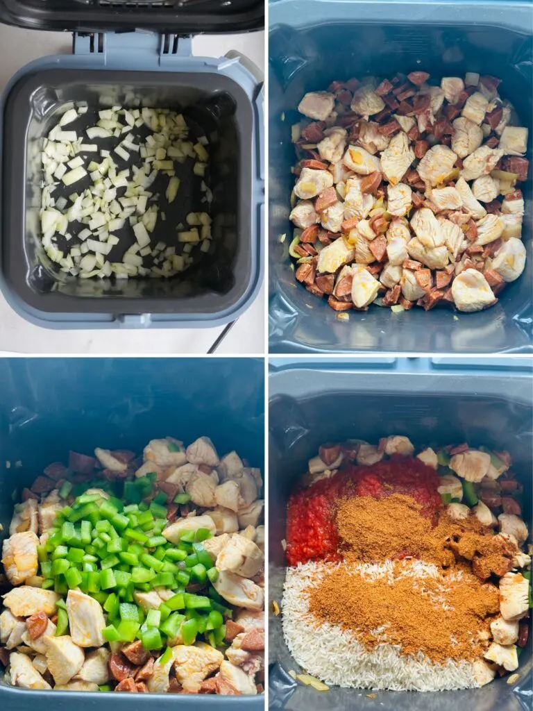 steps to making Cajun chicken and rice in the Ninja Speedi, 4 images in a grid: onion, chicken and chorizo, green peppers chopped, rice, chopped tomatoes and Cajun spice