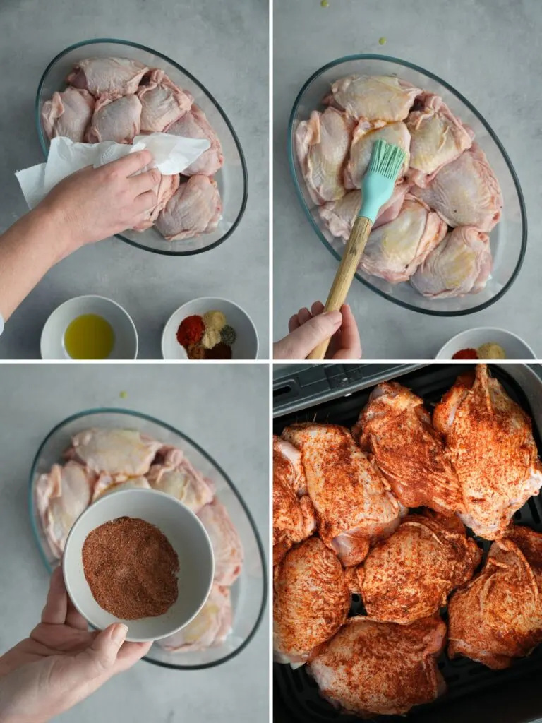 image with grid of 4 photos showing the steps to cooking chicken thighs in an air fryer: patting chicken thighs dry with kitchen towel, brushing with oil, adding spices, putting in an air fryer