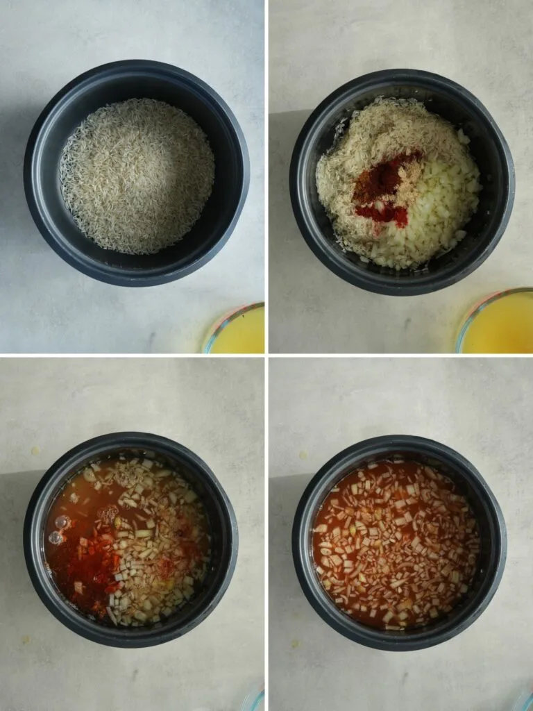 image with grid of 4 pictures showing the steps to cooking a Mexican style rice in a rice cooker