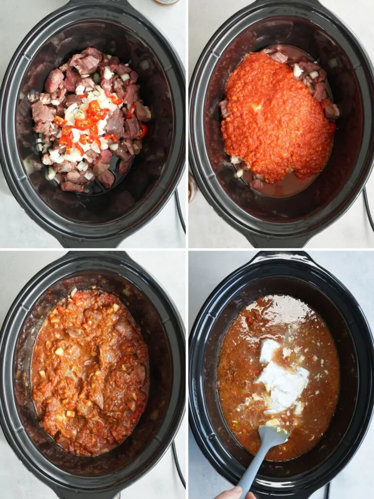 grid of four images showing the steps to making a beef curry in a slow cooker