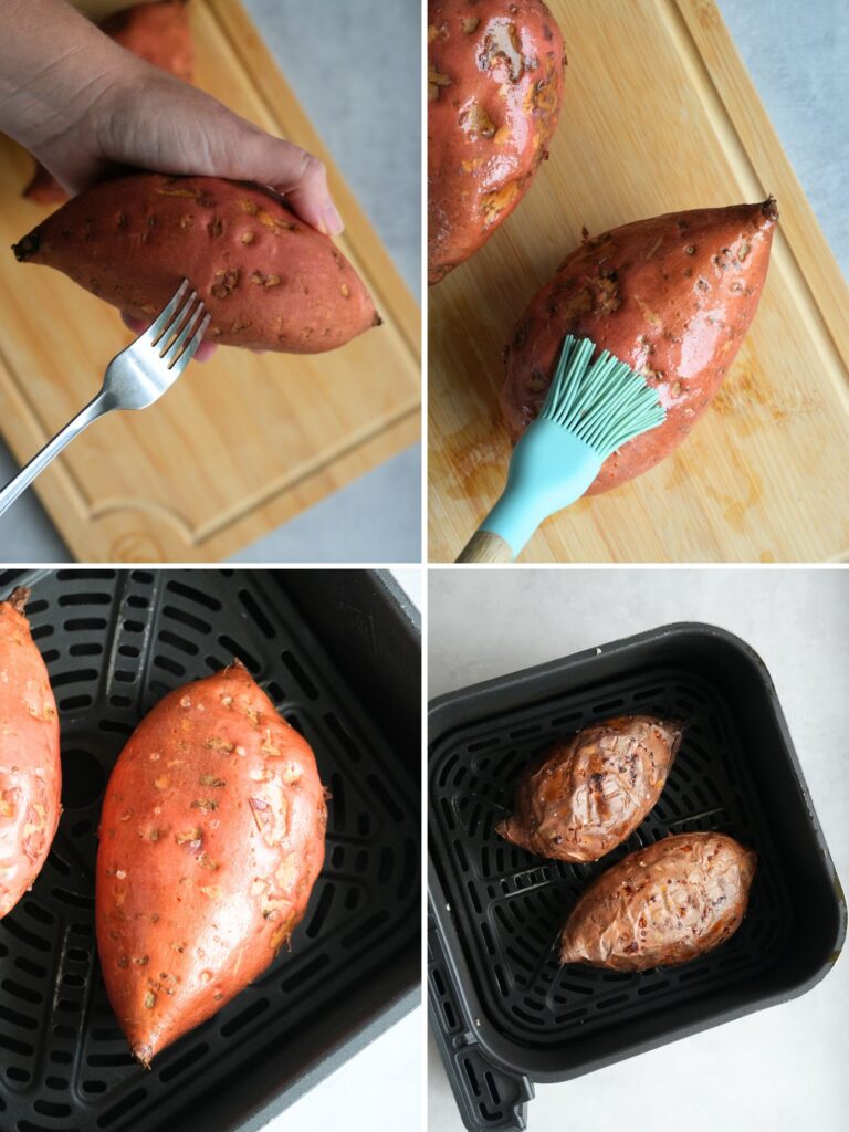 grid of four images showing how to bake a sweet potato in an air fryer: piercing sweet potato with fork, brushing with oil, baked