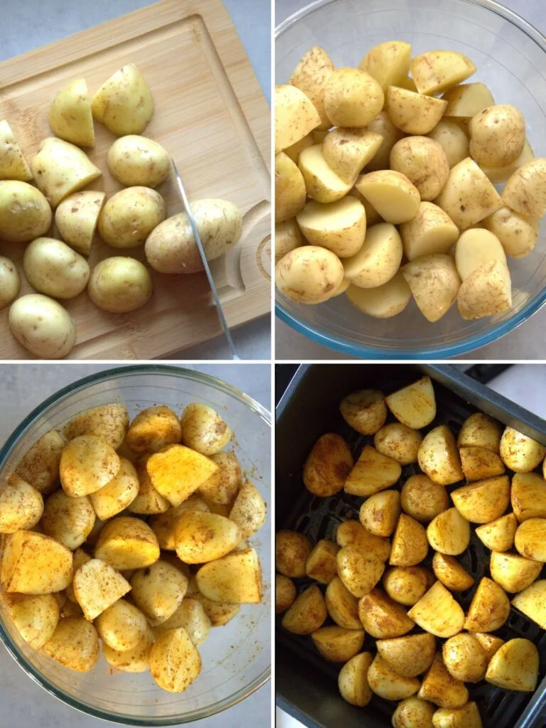 grid with four images showing the steps to preparing Bombay inspired potatoes for the air fryer