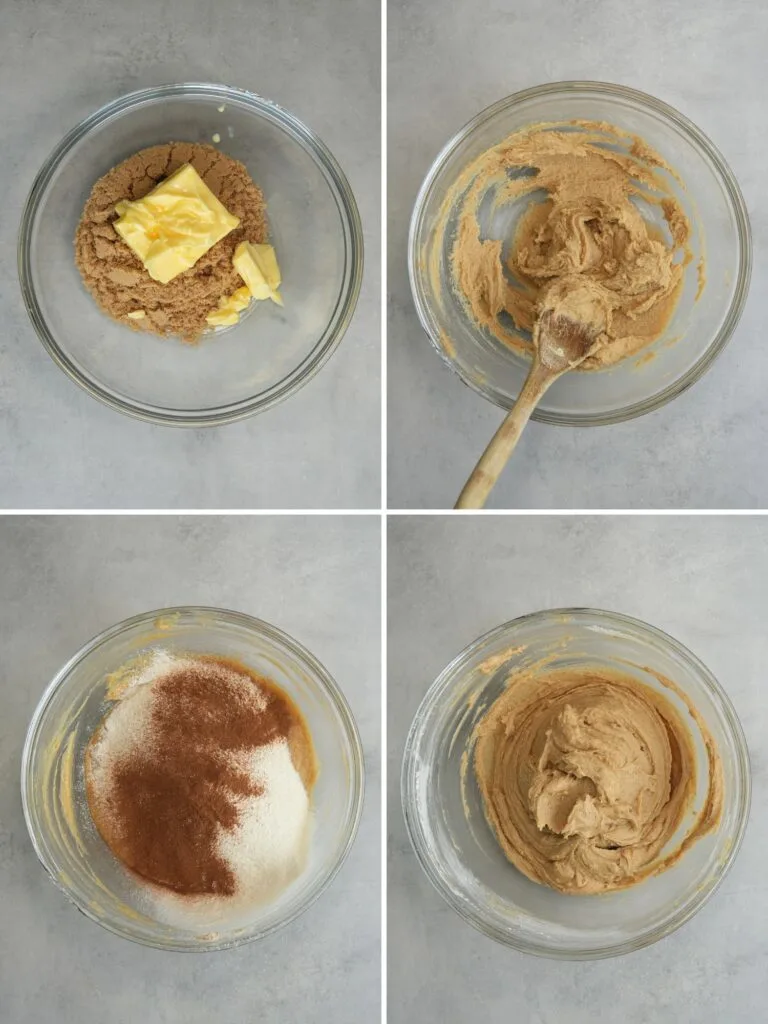 image with a grid of four photos showing how to mix sugar butter flour and cinnamon together