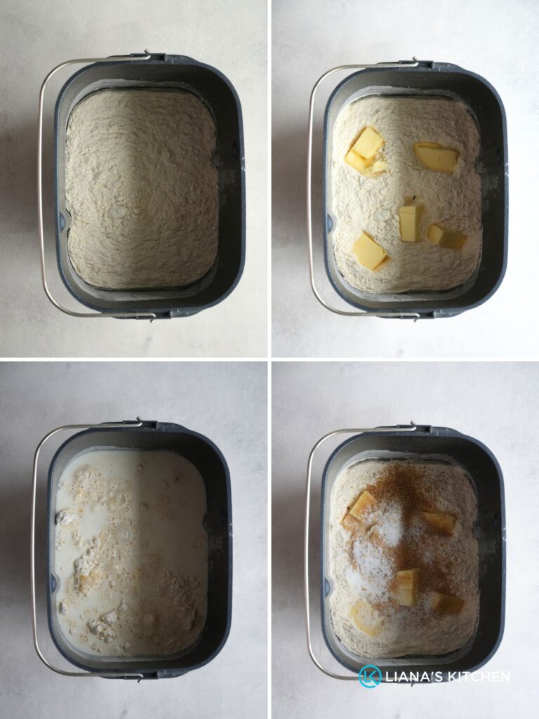 picture with grid of four images showing the steps to making a milk loaf in a panasonic bread maker with flour, butter, milk, sugar and salt