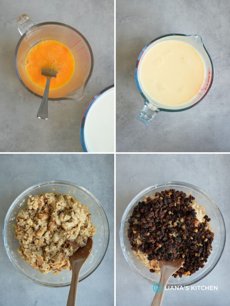 steps to preparing mixture for bread pudding shown in a grid of four images: beaten egg, milk and egg, torn up bread chunks, mixing in dried mixed fruit