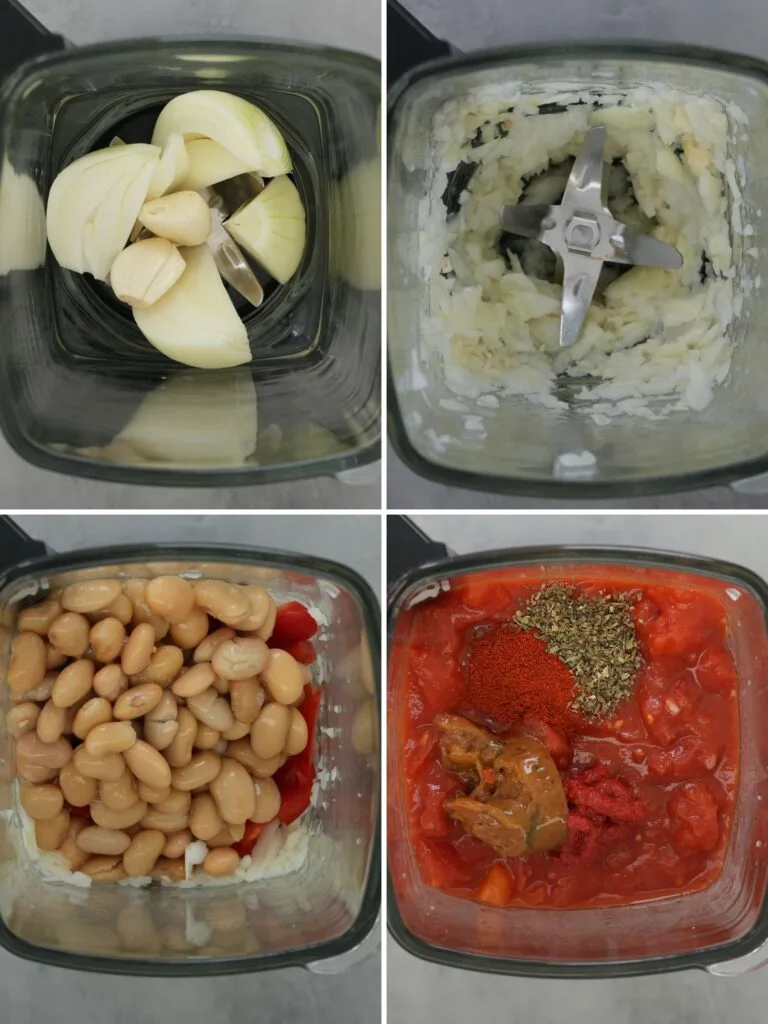 photo with grid of four images showing the steps to making the soup; onion and garlic, butter bean and chopped tomatoes and herbs and spices