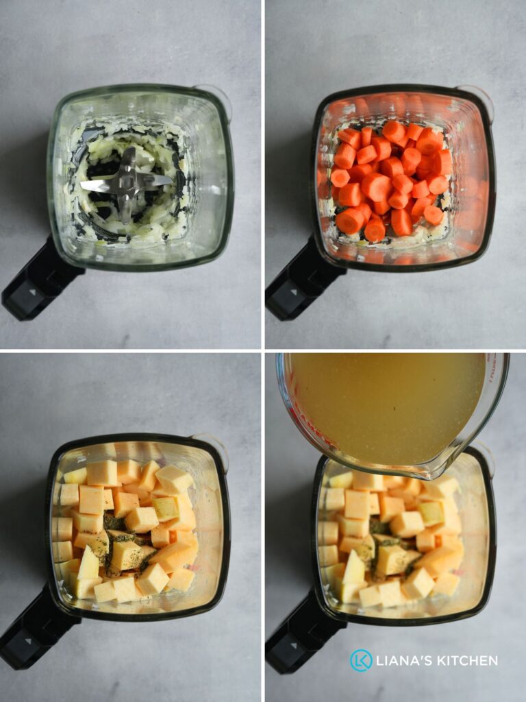 photo with a grid of four images showing how to make carrot and swede soup in a Ninja Soup Maker
