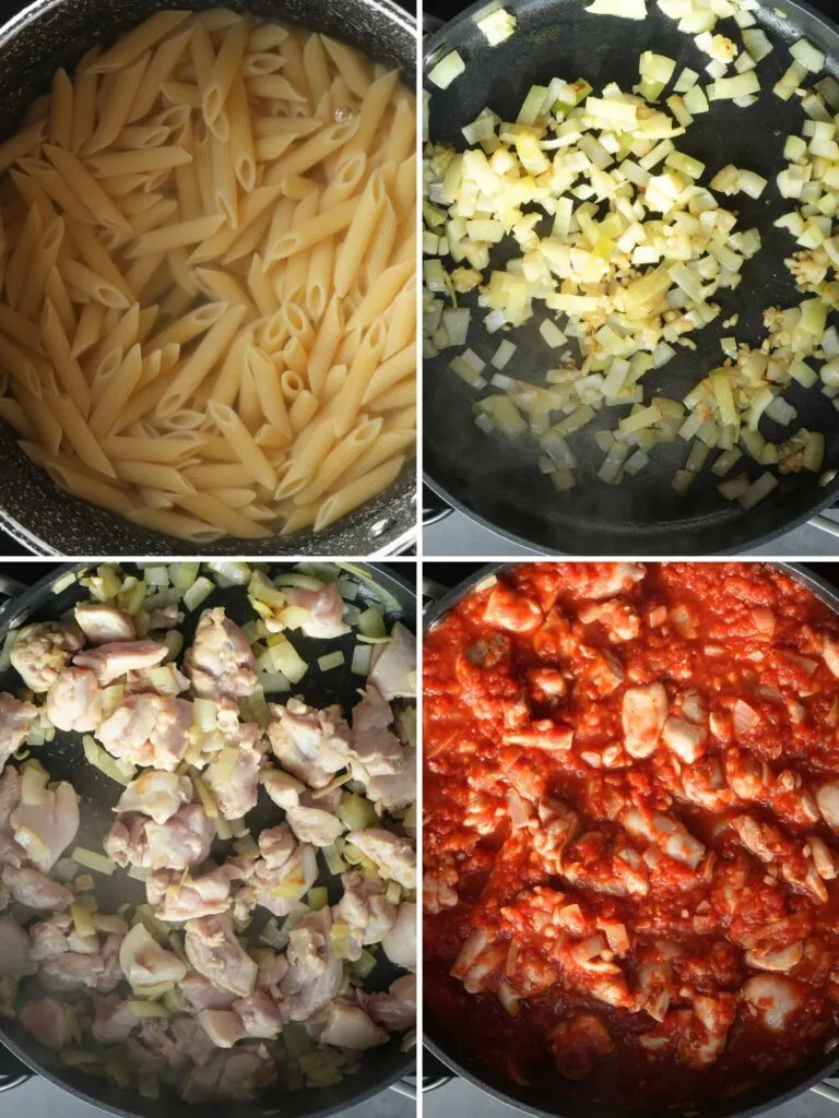 grid of 4 images showing the steps to making cheesy chicken pasta bake: cooking pasta, frying onions, frying chicken and adding chopped tomatoes