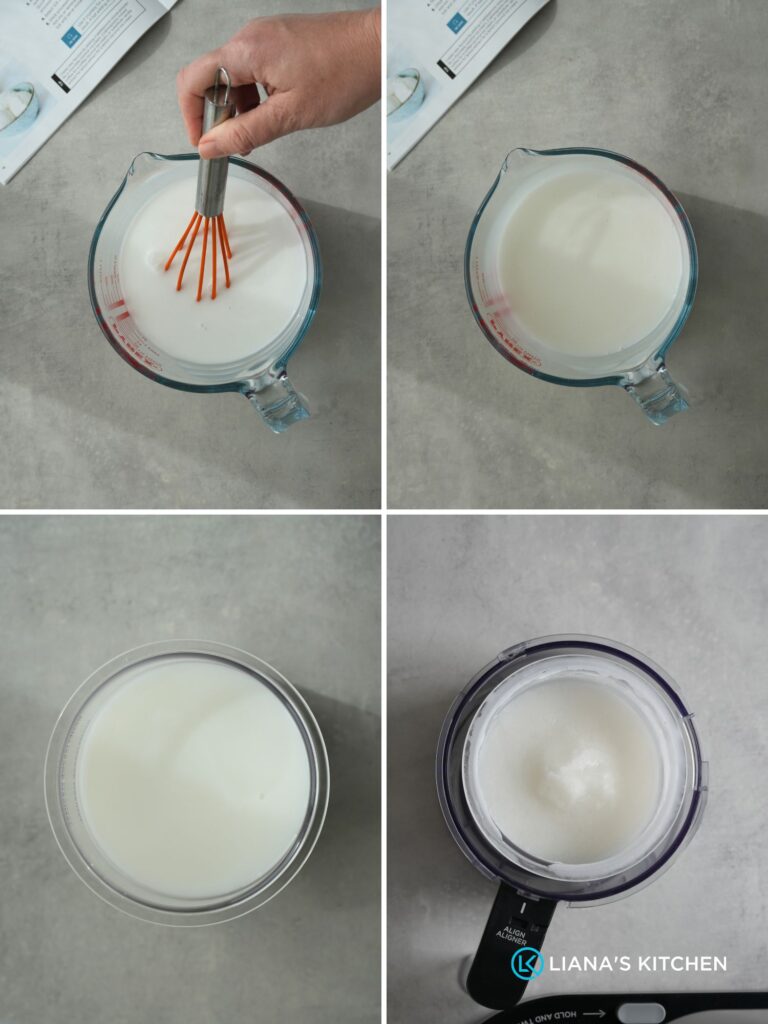 image with grid of 4 photos showing how to make the dairy free coconut ice cream, whisking coconut milk, sugar and adding to to ice cream jug