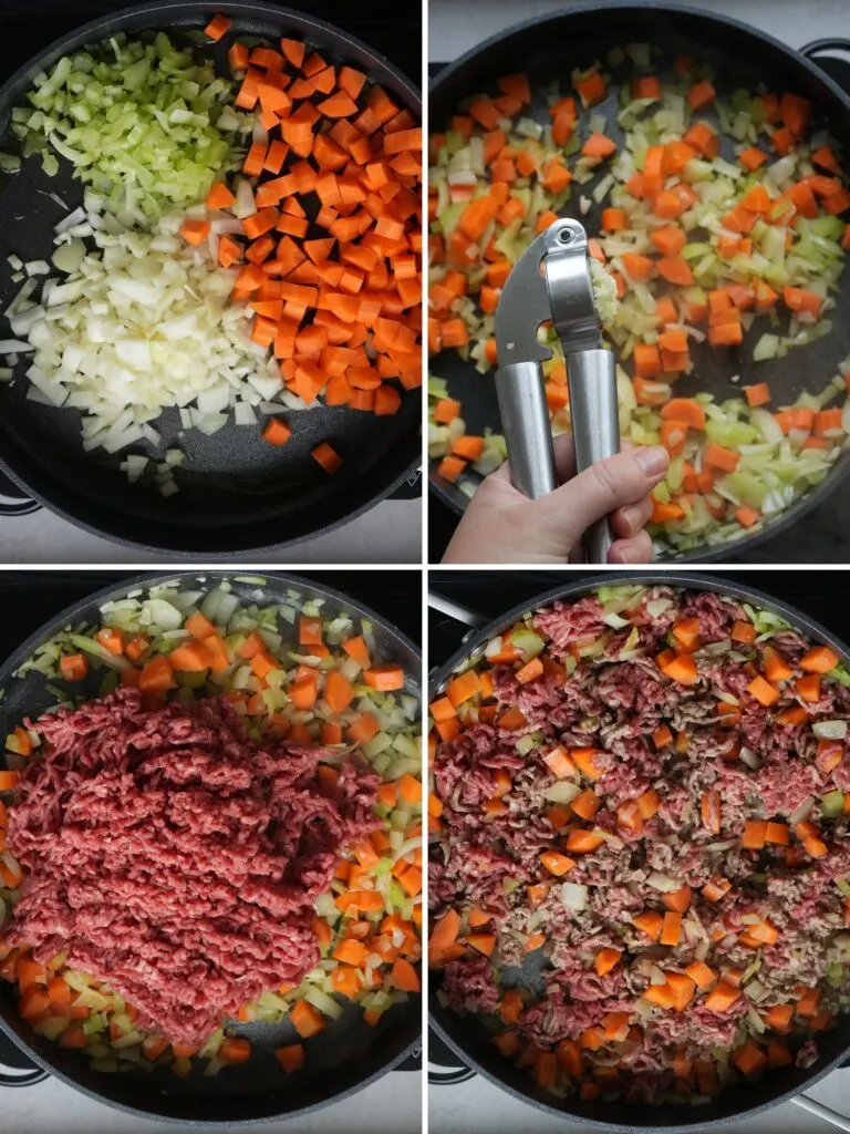 grid of four images showing how to make the fililng (base) of a cottage pie by frying the vegetables in a pan followed by the beef mince 